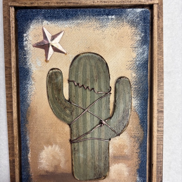Mixed Media Wall Art Saguaro Cactus Tan Sunset Star Desert Wood Southwest 6 x 8 - Picture 4 of 5